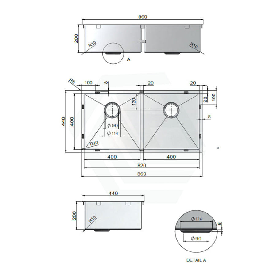 Meir 860x440x200mm Stainless Steel Double Bowl Kitchen Sink Top/Flush/Under Mount Variant Colour Available