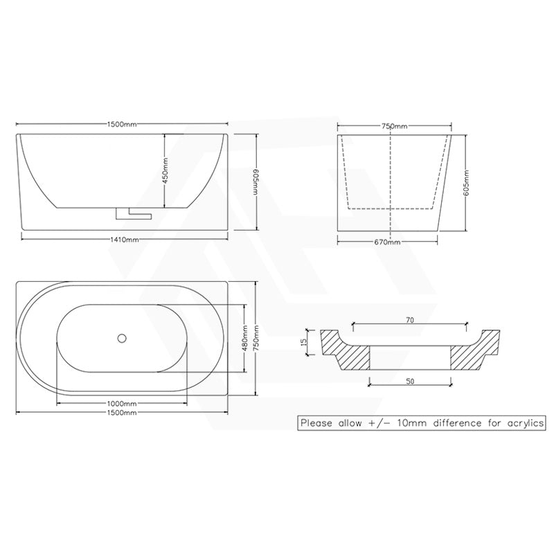 1300/1400/1485/1680mm Nerida Bathtub Right Corner Acrylic Gloss White No Overflow 1500mm Bathtubs
