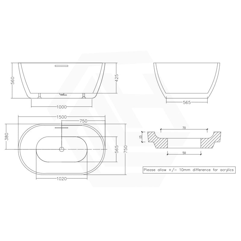 Moah Oval Freestanding Bathtub Acrylic Overflow 1300/1400/1500/1700mm - Variant Colour Available
