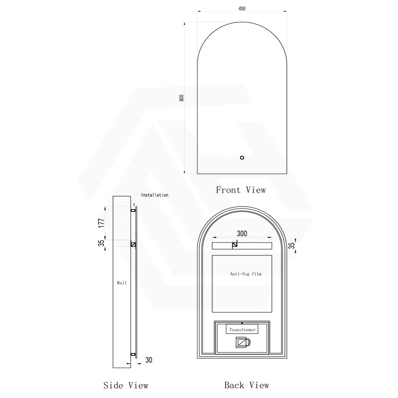 450x800mm Arch LED Mirror Touch Sensor Switch 3 Colours Lighting Acrylic Backlit Vertical Dimension