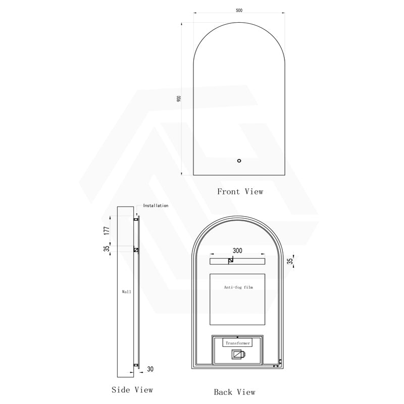 500x900mm Arch LED Mirror Touch Sensor Switch 3 Colours Lighting Acrylic Backlit Vertical Dimension
