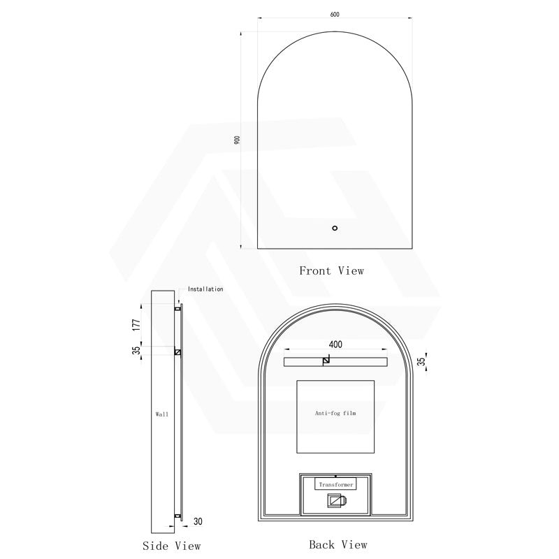 600x900mm Arch LED Mirror Touch Sensor Switch 3 Colours Lighting Acrylic Backlit Vertical Dimension