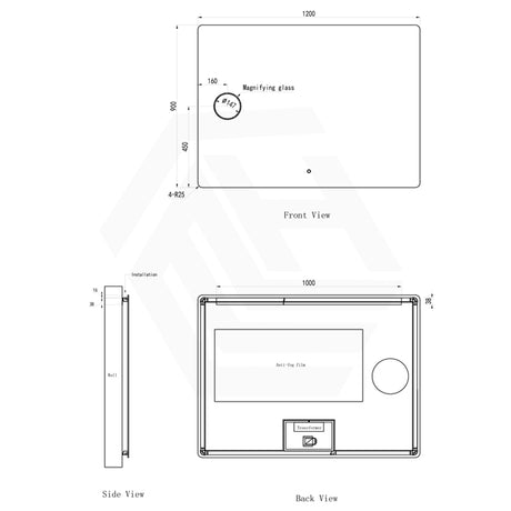 1200x900mm Rectangle LED Mirror With Magnifier Touch Sensor Switch 3 Colours Lighting Acrylic Backlit Dimension