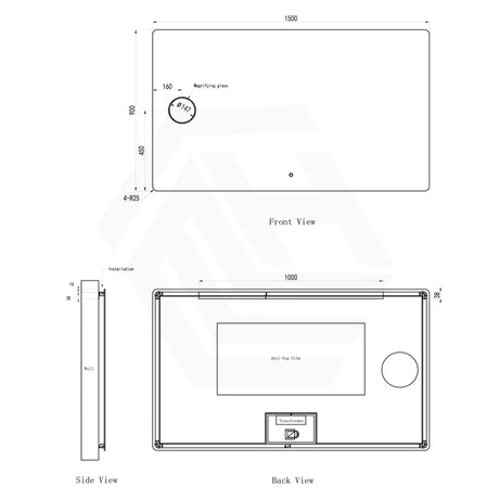 1500x900mm Rectangle LED Mirror With Magnifier Touch Sensor Switch 3 Colours Lighting Acrylic Backlit Dimension