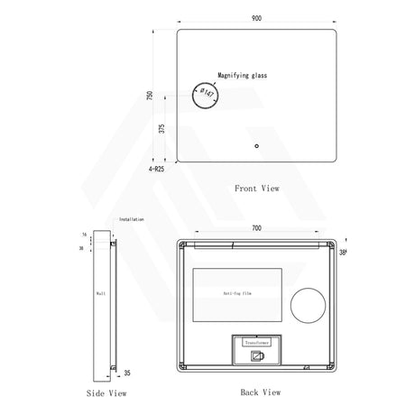 900x750mm Rectangle LED Mirror With Magnifier Touch Sensor Switch 3 Colours Lighting Acrylic Backlit Dimension