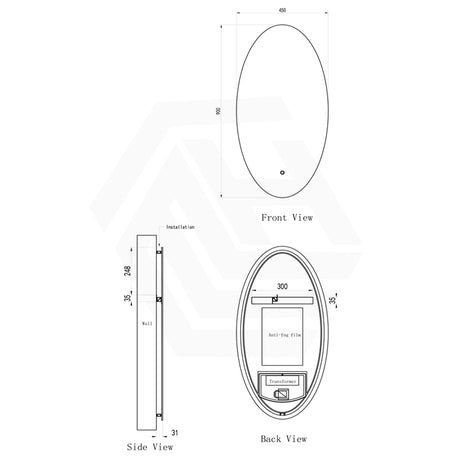 450x900mm Oval LED Mirror Touch Sensor Switch 3 Colours Lighting Acrylic Backlit Vertical Dimension
