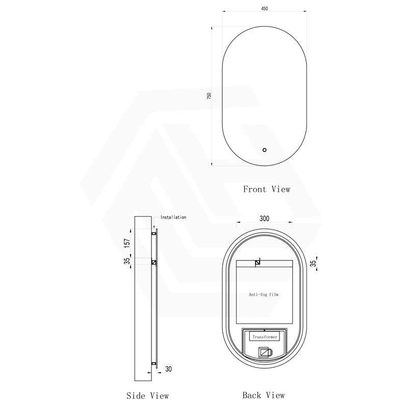 450x750mm Oval LED Mirror Touch Sensor Switch 3 Colours Lighting Acrylic Backlit Vertical Dimension