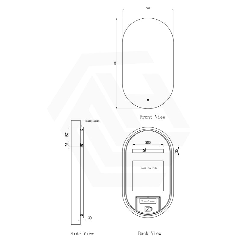 500x900mm Oval LED Mirror Touch Sensor Switch 3 Colours Lighting Acrylic Backlit Vertical Dimension