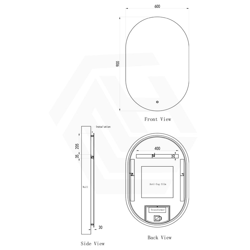 600x900mm Oval LED Mirror Touch Sensor Switch 3 Colours Lighting Acrylic Backlit Vertical Dimension