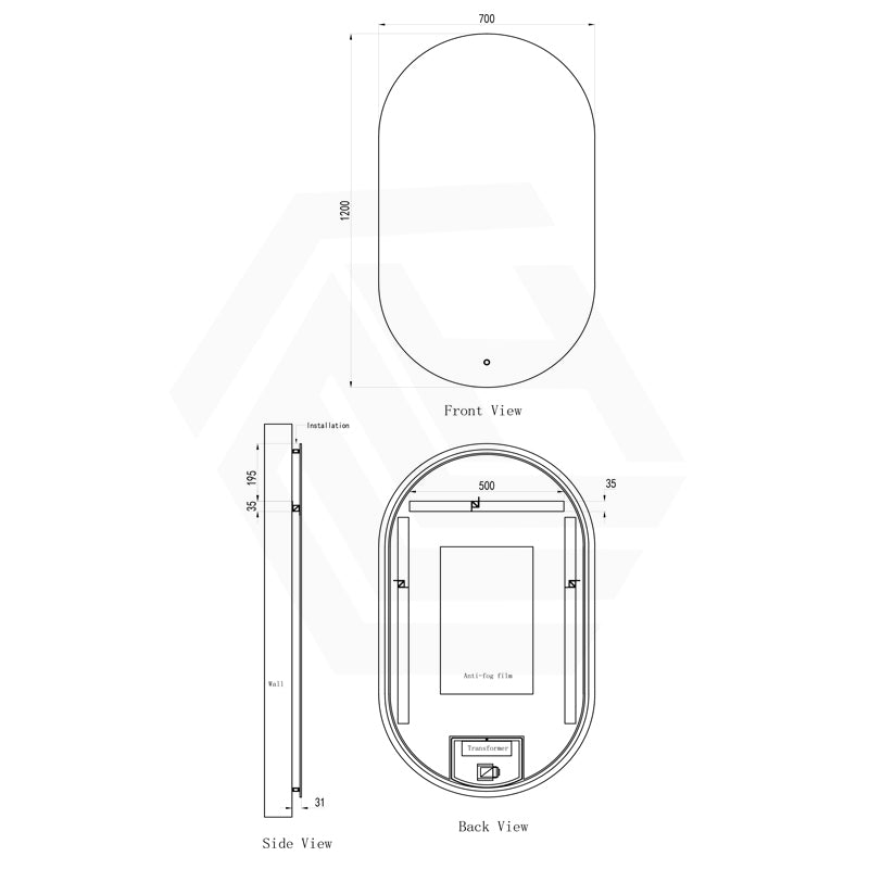 700x1200mm Oval LED Mirror Touch Sensor Switch 3 Colours Lighting Acrylic Backlit Vertical Dimension