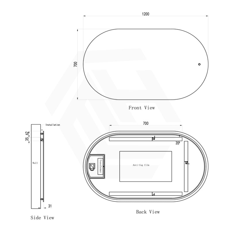 1200x700mm Oval LED Mirror Touch Sensor Switch 3 Colours Lighting Acrylic Backlit Horizontal Dimension