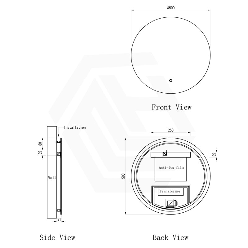 500mm Round LED Mirror Touch Sensor Switch 3 Colours Lighting Backlit