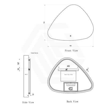 900x700mm Irregular Oval LED Mirror Touch Sensor Switch 3 Colours Lighting Acrylic Backlit Dimension