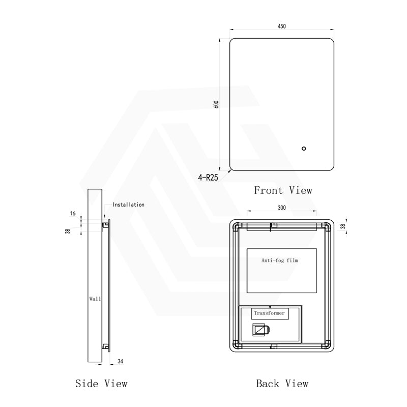 450x600mm Rectangle LED Mirror Touch Sensor Switch 3 Colours Lighting Backlit