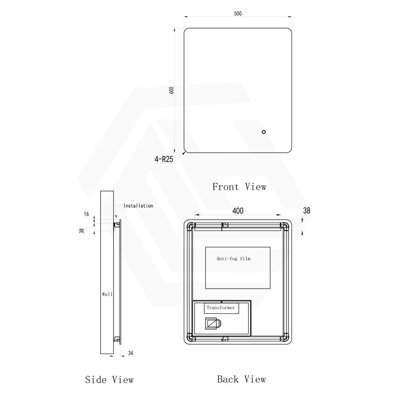 500x600mm Rectangle LED Mirror Touch Sensor Switch 3 Colours Lighting Backlit