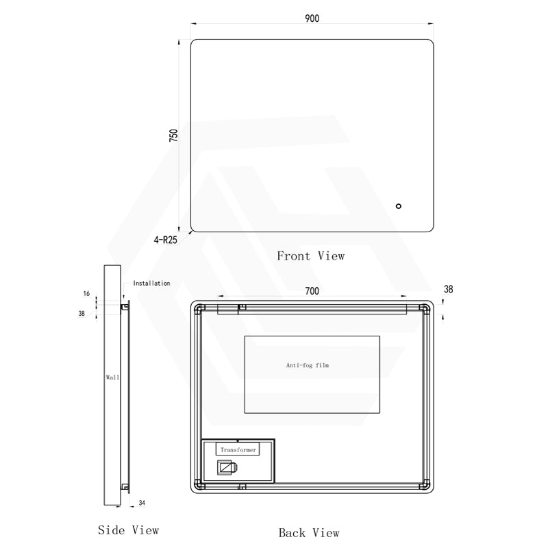 900x750mm Rectangle LED Mirror Touch Sensor Switch 3 Colours Lighting Backlit