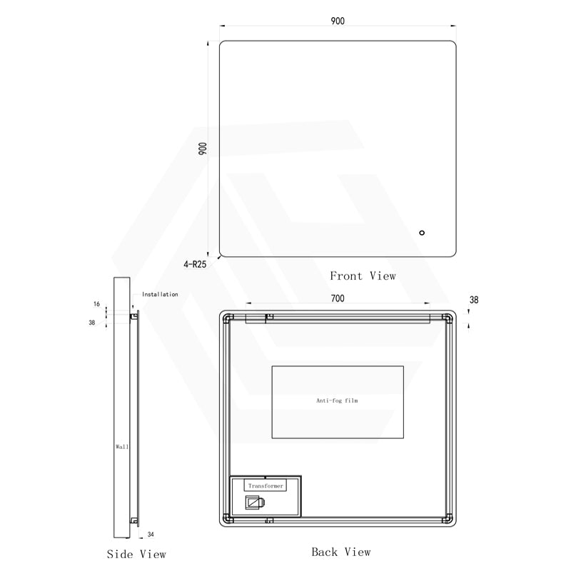 900x900mm Rectangle LED Mirror Touch Sensor Switch 3 Colours Lighting Backlit