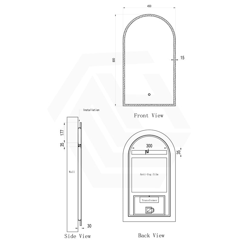 450x800mm Arch LED Mirror Touch Sensor Switch 3 Colours Lighting Acrylic Frontlit Vertical Dimension