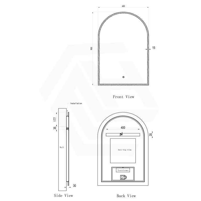 600x900mm Arch LED Mirror Touch Sensor Switch 3 Colours Lighting Acrylic Frontlit Vertical Dimension