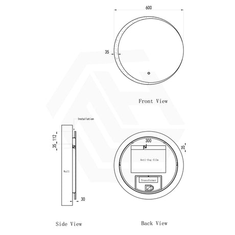 600mm Round LED Mirror Crescent Rim Touch Sensor Switch 3 Colours Lighting Acrylic Frontlit Dimension