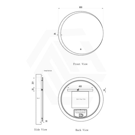 800mm Round LED Mirror Crescent Rim Touch Sensor Switch 3 Colours Lighting Acrylic Frontlit Dimension
