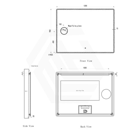 1200x900mm Rectangle LED Mirror With Magnifier, Touch Sensor Switch 3 Colours Lighting Acrylic Frontlit Dimension
