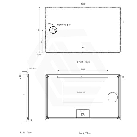 1500x900mm Rectangle LED Mirror With Magnifier, Touch Sensor Switch 3 Colours Lighting Acrylic Frontlit Dimension