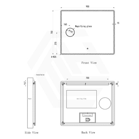 900x750mm Rectangle LED Mirror With Magnifier, Touch Sensor Switch 3 Colours Lighting Acrylic Frontlit Dimension