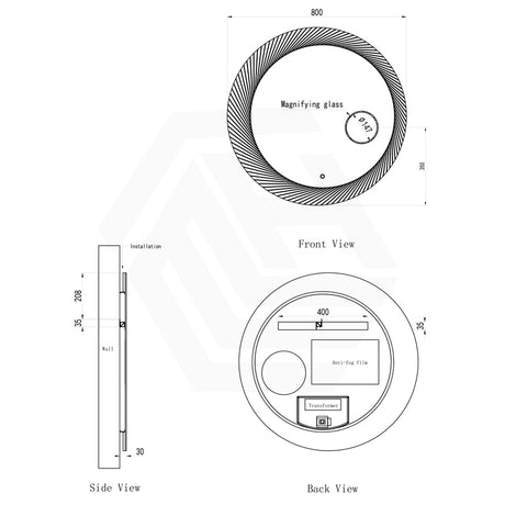 800mm Round LED Mirror With Magnifier Touch Sensor Switch 3 Colours Lighting Acrylic Frontlit Dimension