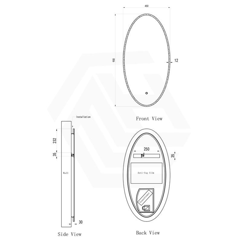 450x900mm Oval LED Mirror Touch Sensor Switch 3 Colours Lighting Acrylic Frontlit Dimension