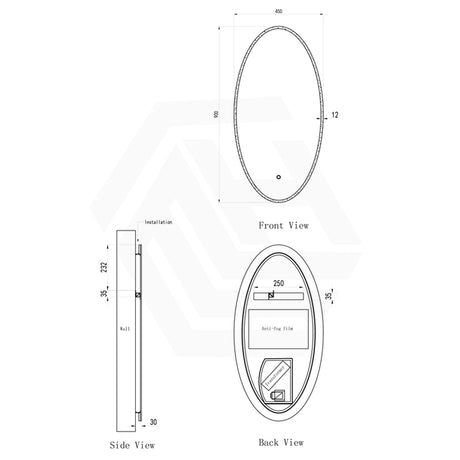 450x900mm Oval LED Mirror Touch Sensor Switch 3 Colours Lighting Acrylic Frontlit Dimension