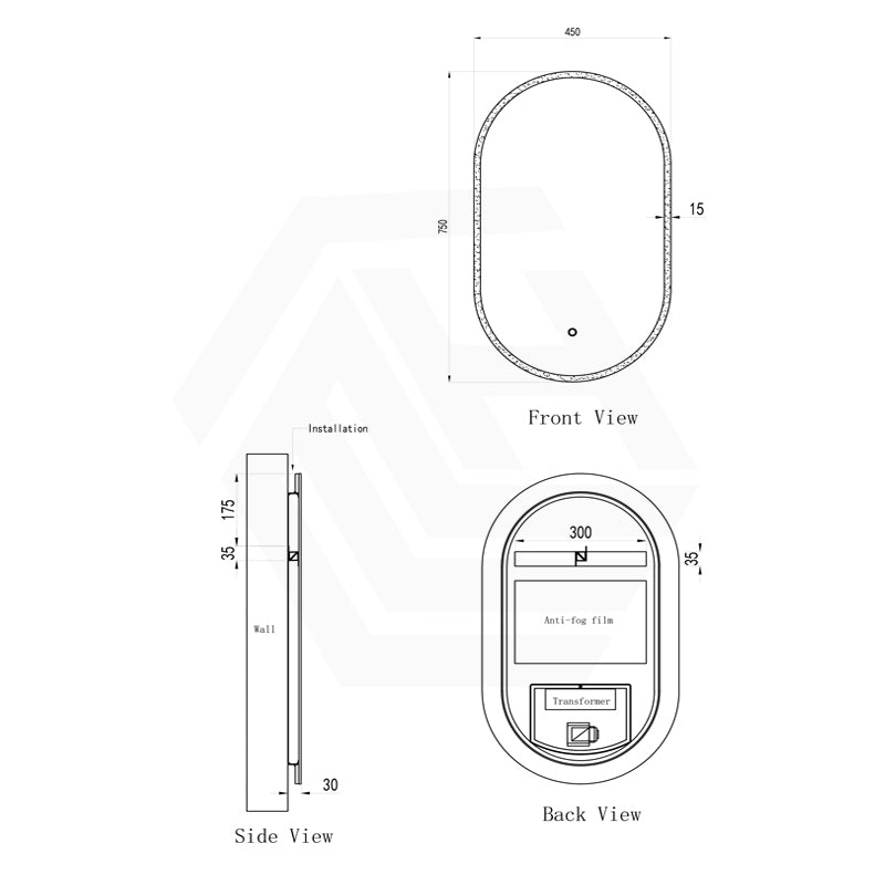 450x750mm Oval LED Mirror Touch Sensor Switch 3 Colours Lighting Acrylic Frontlit