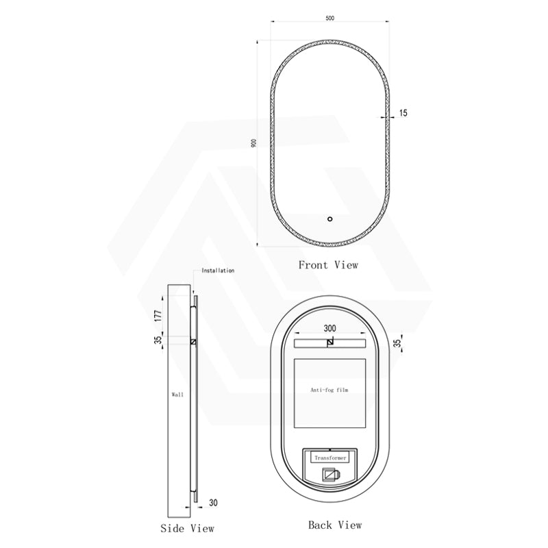 500x900mm Oval LED Mirror Touch Sensor Switch 3 Colours Lighting Acrylic Frontlit