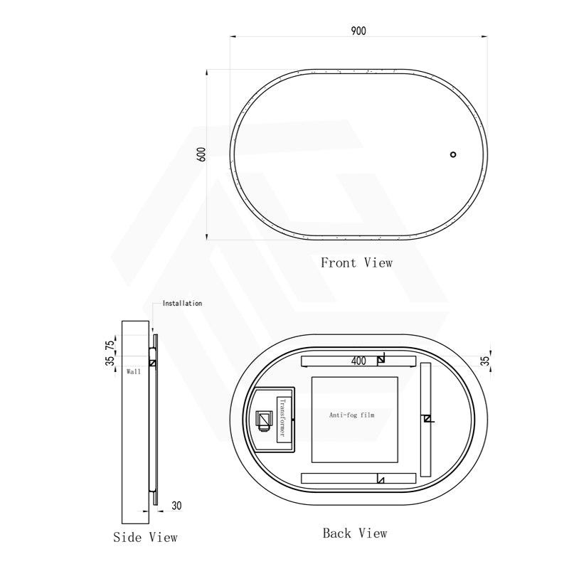 900x600mm Oval LED Mirror Touch Sensor Switch 3 Colours Lighting Acrylic Frontlit Horizontal