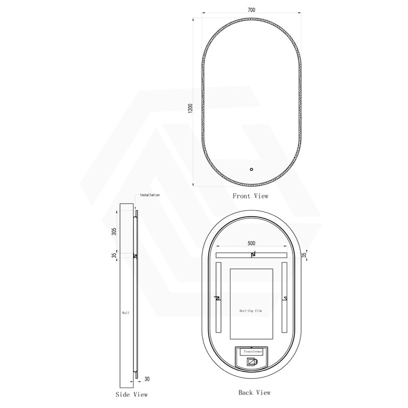 700x1200mm Oval LED Mirror Touch Sensor Switch 3 Colours Lighting Acrylic Frontlit Vertical