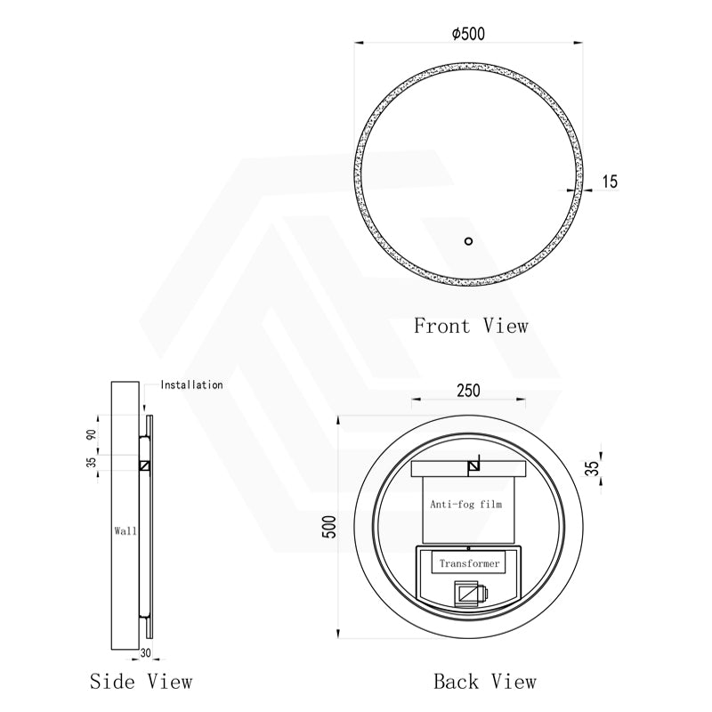 500mm Round LED Mirror Touch Sensor Switch 3 Colours Lighting Acrylic Frontlit