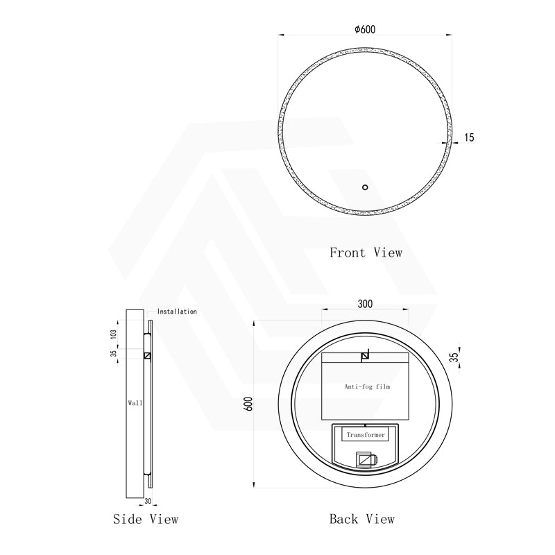 600mm Round LED Mirror Touch Sensor Switch 3 Colours Lighting Acrylic Frontlit