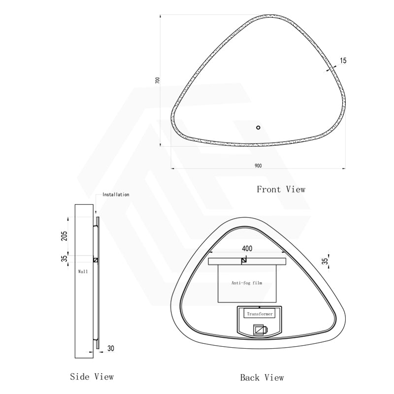900x700mm Irregular Oval LED Mirror Touch Sensor Switch 3 Colours Lighting Acrylic Frontlit Dimension