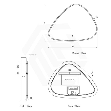 900x700mm Irregular Oval LED Mirror Touch Sensor Switch 3 Colours Lighting Acrylic Frontlit Dimension