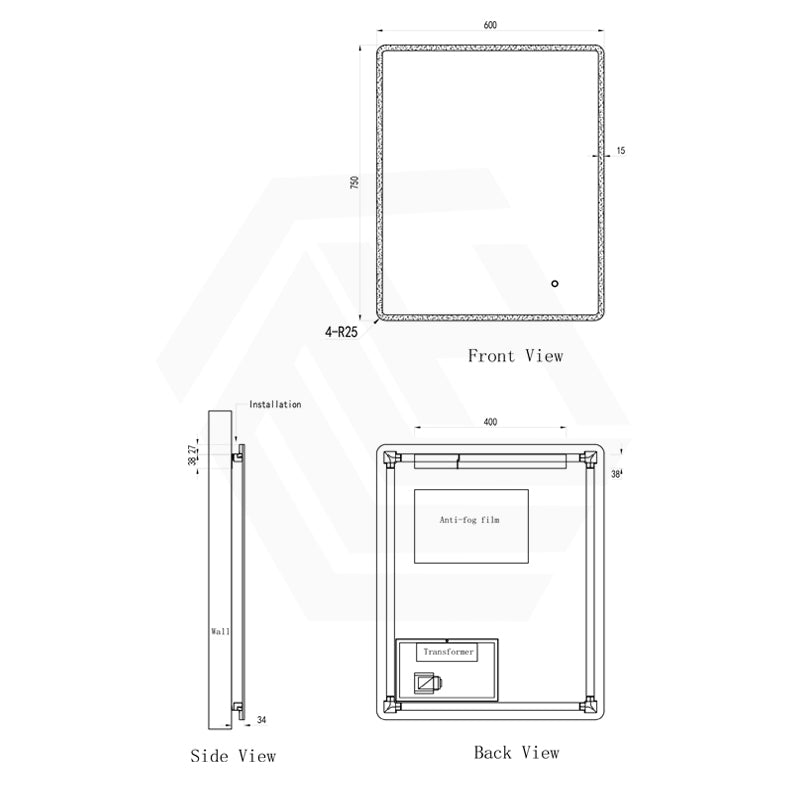 600x750mm Rectangle LED Mirror Touch Sensor Switch 3 Colours Lighting Acrylic Frontlit