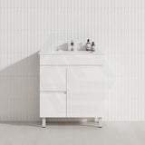 Macho 750mm Narrow Premium MDF Gloss White Freestanding Vanity with Left/Right Hand Drawers