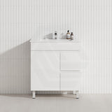 Macho 750mm Narrow Premium MDF Gloss White Freestanding Vanity with Left/Right Hand Drawers