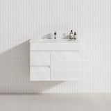 Macho 750mm Premium MDF Gloss White Wall Hung Vanity with Left/Right Hand Drawers