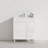 Macho 750mm Premium MDF Gloss White Freestanding Bathroom Vanity with Left/Right Hand Drawers