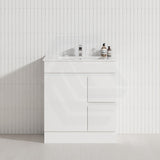 Macho 750mm Premium MDF Gloss White Freestanding Bathroom Vanity with Left/Right Hand Drawers
