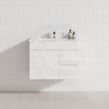 Macho 750mm Premium MDF Gloss White Wall Hung Vanity with Left/Right Hand Drawers