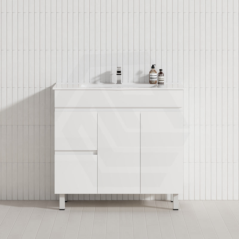 Macho 900mm Narrow Premium MDF Gloss White Freestanding Vanity with Left/Right Hand Drawers
