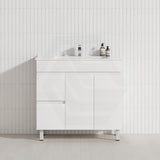 Macho 900mm Narrow Premium MDF Gloss White Freestanding Vanity with Left/Right Hand Drawers