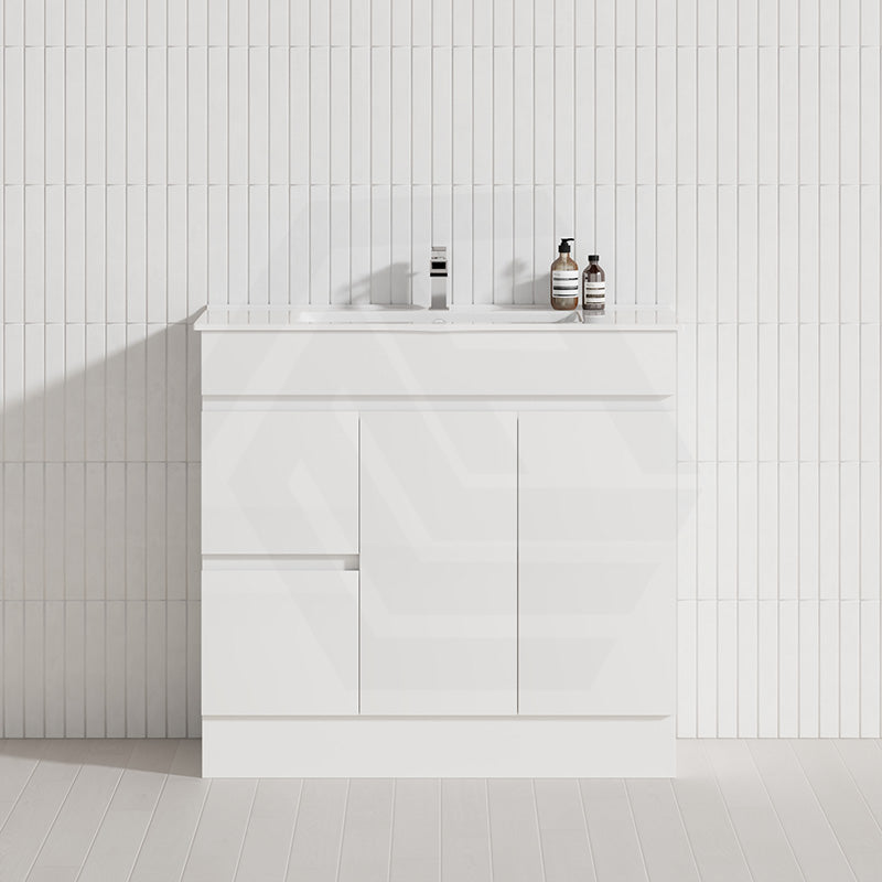 Macho 900mm Narrow Premium MDF Gloss White Freestanding Vanity with Left/Right Hand Drawers
