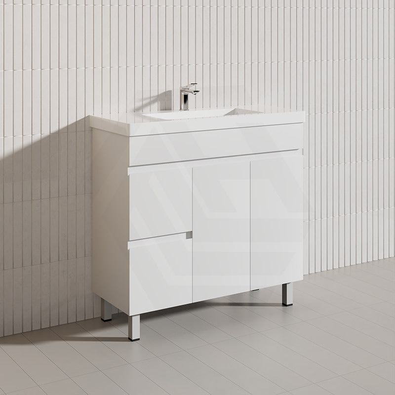Macho 900mm Narrow Premium MDF Gloss White Freestanding Vanity with Left/Right Hand Drawers